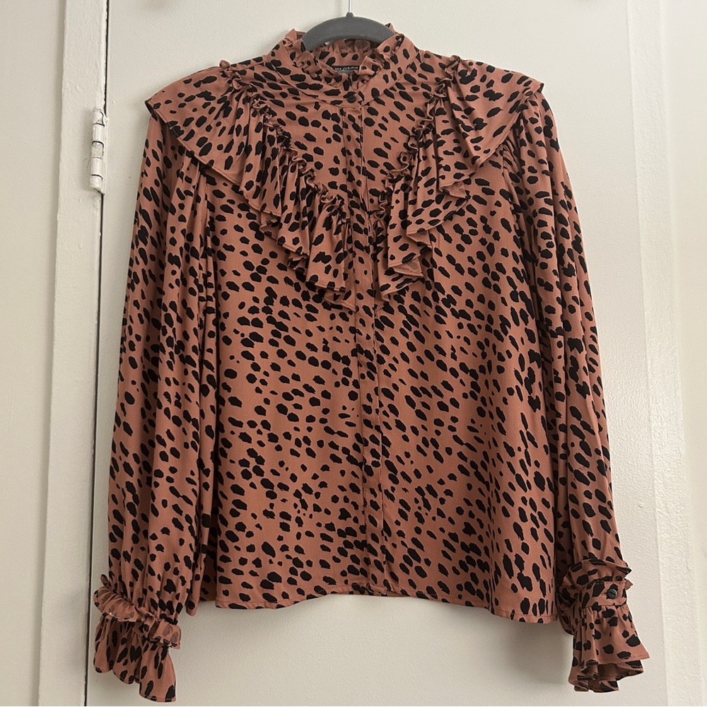 Zara Animal Print Blouse Top w/ Ruffled Lapels and Cuffs (Size Medium)